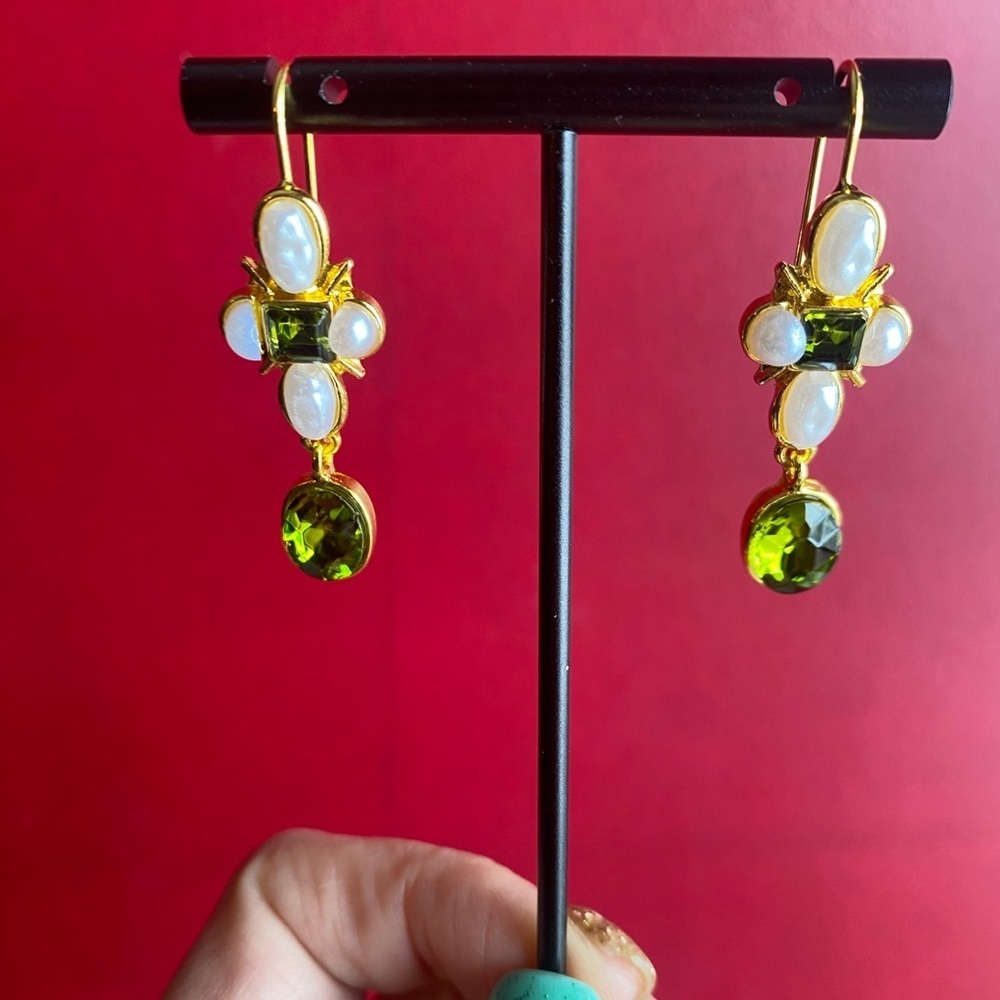 Festive Green and Pearl Wire Earrings
